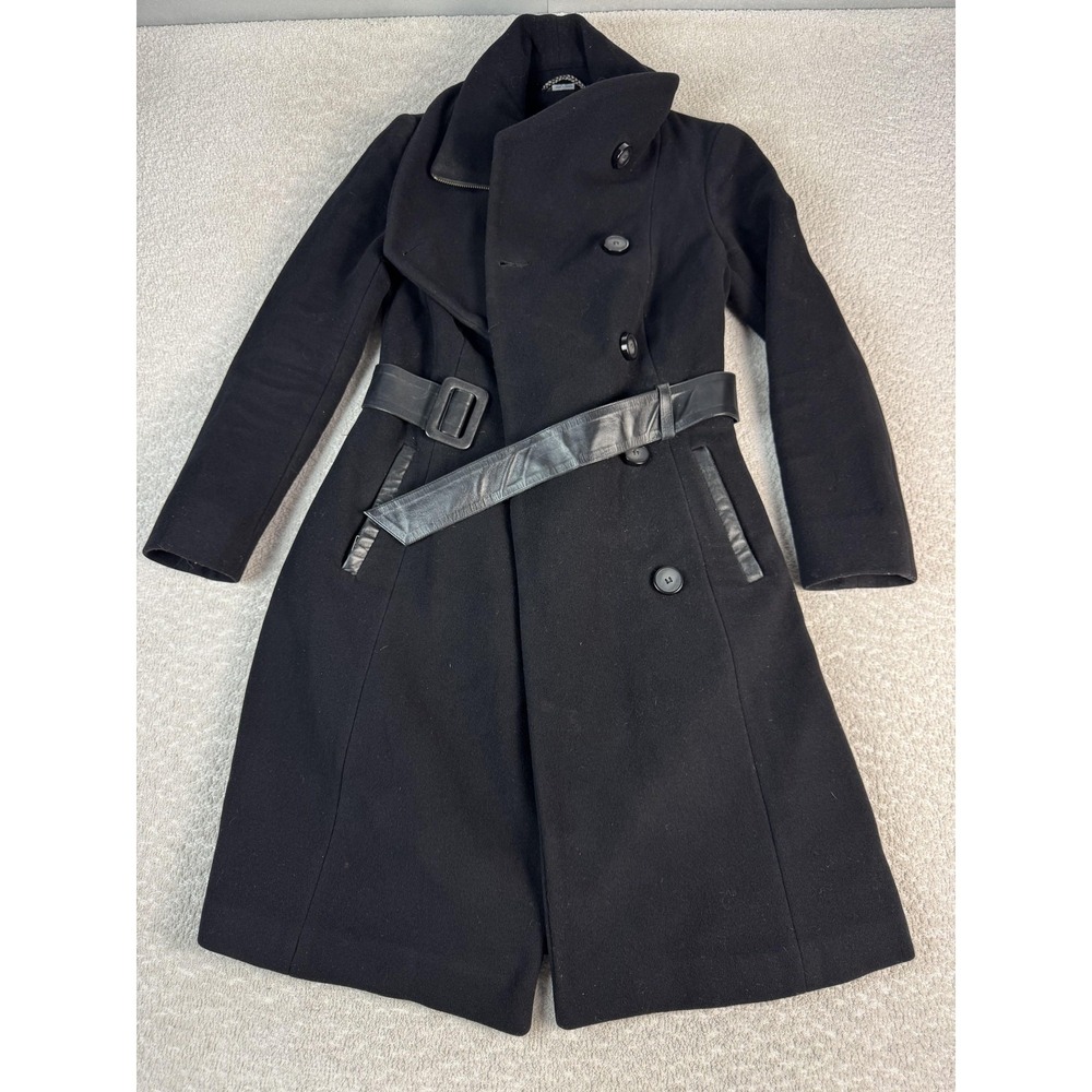 Mackage Coat Womens XS Black Wool Cashmere Belted Trench Leather Trim Zip Up